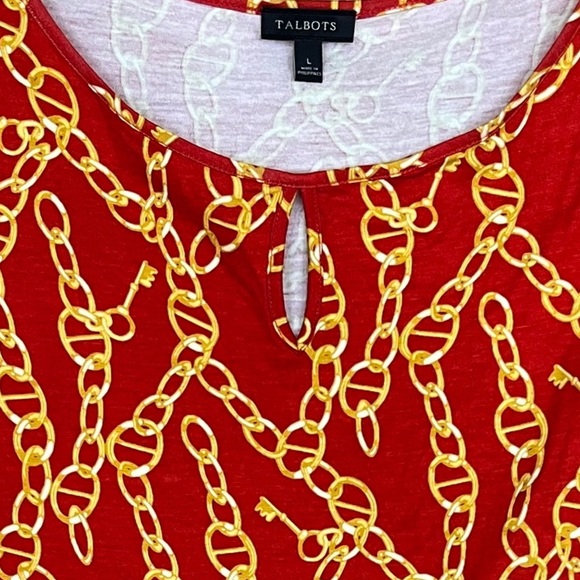 Talbots Women’s Burnt Orange Gold Chain Print Keyhole Knit Long Sleeve Top Large - Picture 2 of 6